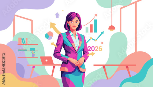 Confident businesswoman illustration in a colorful office planning future business growth and success