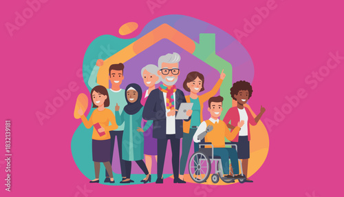 Diverse group unified under a house symbol representing inclusion support and community belonging