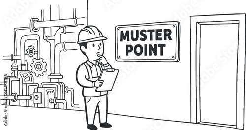 An engineer holding a clipboard near a muster point sign in a black and white outline vector style, suitable for safety training materials