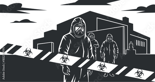 A group of people in hazmat suits near a biohazard symbol in black and white minimalist vector style, suitable for health safety awareness campaigns