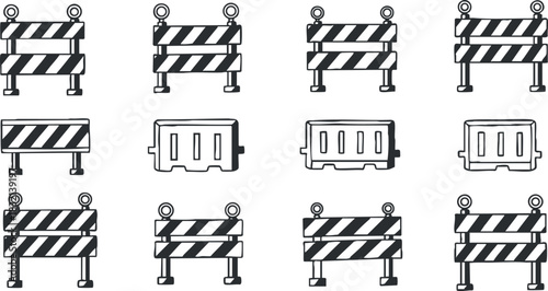 A set of construction barriers and roadblocks in black and white outline vector style, ideal for safety and infrastructure designs