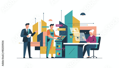 Diverse business team collaborating on industrial production and design using technology