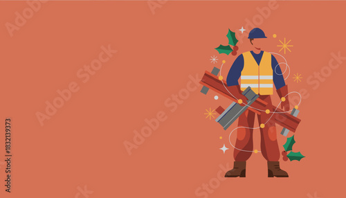 Industry worker with construction materials festive holly and lights for Christmas season illustration