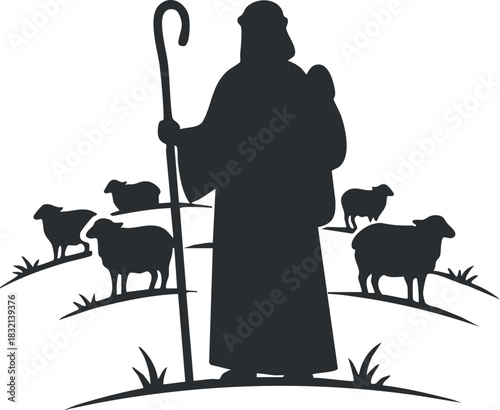 A silhouette of a shepherd standing on a hill with sheep in a minimalist vector style, ideal for agricultural themes