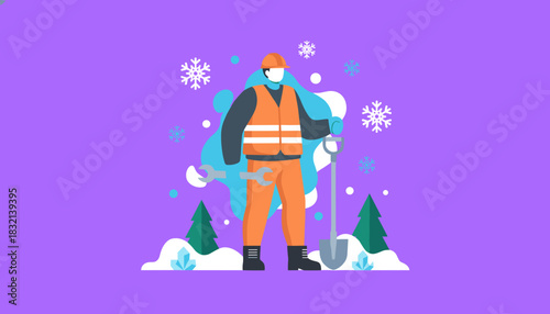 Worker in highvis vest and hard hat prepares for winter work with tools