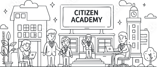 A scene depicting a diverse group of people engaging in learning activities at Citizen Academy, illustrated in a clean lineart vector style, suitable for educational materials