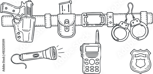 A collection of police gear including a gun, flashlight, handcuffs, and radio in outline vector style, ideal for law enforcement illustrations