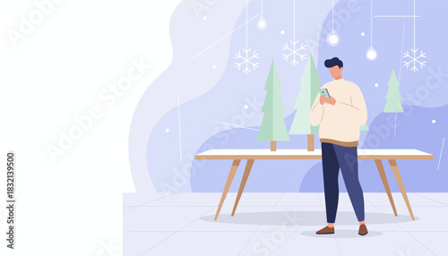 Young man using smartphone in modern room with abstract winter and holiday decorations