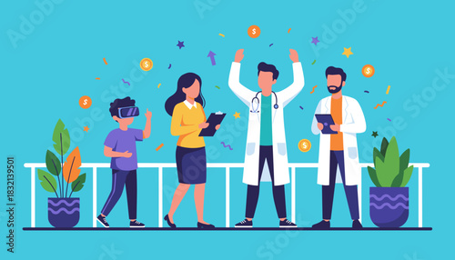 Healthcare team success illustration doctors VR patient confetti and financial reward