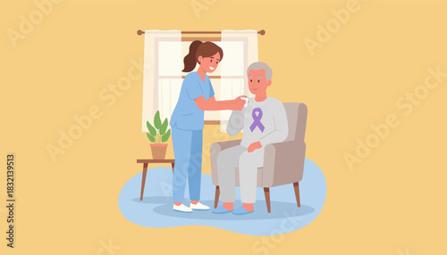 Caregiver assists elderly patient with purple ribbon Alzheimers awareness taking medication