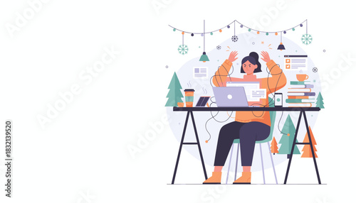 Frustrated worker tangled in wires stressed by winter deadlines and holiday workload at her remote desk