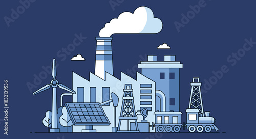 Illustration of industry production and energy sources factory renewables drilling and transport