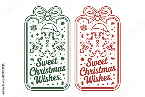 Sweet Christmas Wishes gingerbread gift tags in green and red line art for holiday packaging and greetings