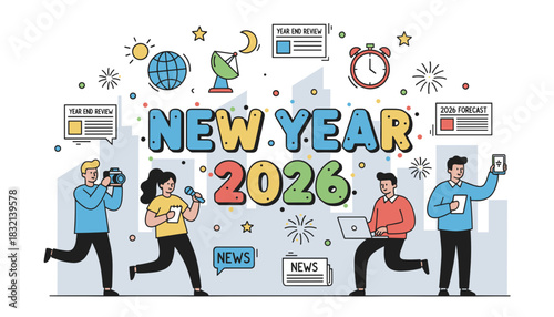 New Year 2026 media concept Journalists reporting news analyzing data and preparing business forecasts