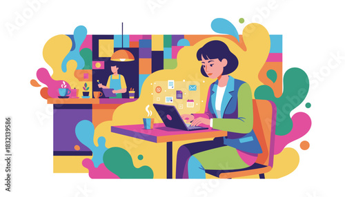 Professional woman uses laptop for remote work in a colorful cafe illustration