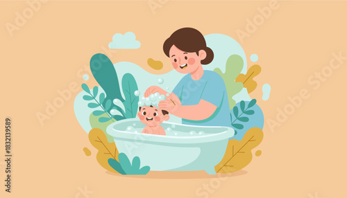 Happy mother bathing her smiling child in a tub Joyful family hygiene bonding and parental care vector