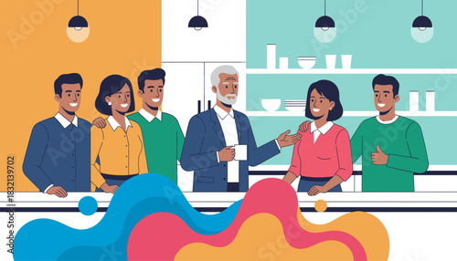 Diverse business group smiles in modern office kitchen teamwork and friendly corporate culture