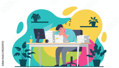 Overworked man sleeping on a huge stack of paperwork at his office desk Burnout and stress