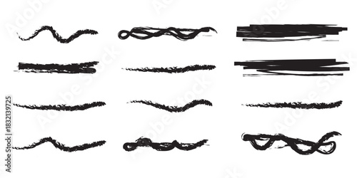 Variety of hand-drawn black brush stroke elements on white background featuring wavy, zigzag, and straight lines for design use