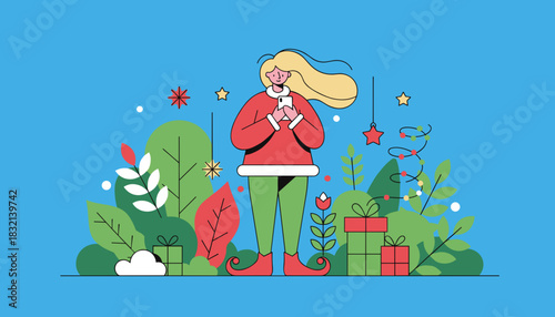 Stylized holiday character texting on a smartphone among festive plants and wrapped gifts