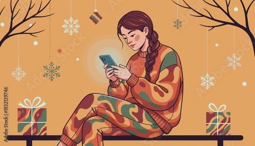 Woman browsing smartphone in cozy winter setting Holiday shopping communication or scrolling