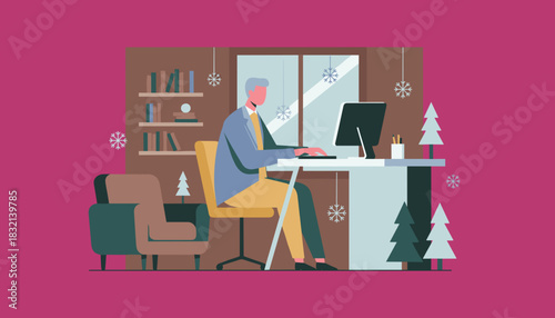 Professional works remotely on a computer in a festive office decorated for the winter season