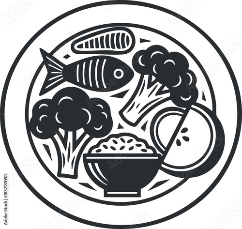 A plate featuring fish, broccoli, rice, and sliced vegetables in black and white minimalist vector style, perfect for nutrition-themed designs
