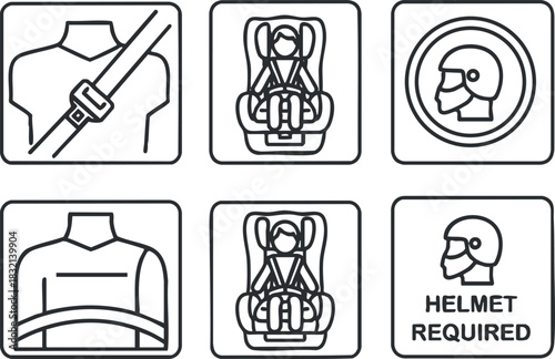 A collection of safety icons featuring seatbelt, child car seat, helmet, and safety requirements in outline vector style, suitable for transportation safety guidelines and awareness.