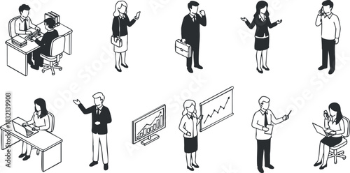 A collection of business professionals engaged in various activities in black and white minimalist vector style, suitable for corporate presentations and marketing materials