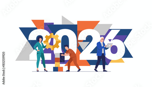 Teamwork and business success concept for 2026 Flat vector illustration