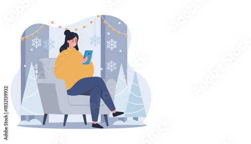 Woman enjoys cozy winter comfort texting on her phone by a festive window