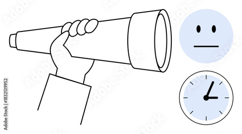 Hand grasping telescope emphasizing focus and vision with neutral face denoting observation and clock underlining time awareness. Ideal for strategy, analysis, planning, timekeeping, focus