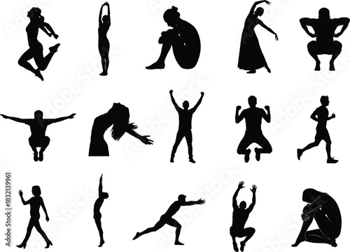 Silhouette collection of people in various poses on a white background