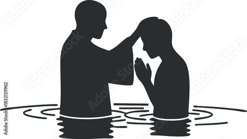 A silhouette of a baptism ceremony with a person being baptized in water, depicted in a minimalistic vector style, suitable for religious themes and spiritual contexts