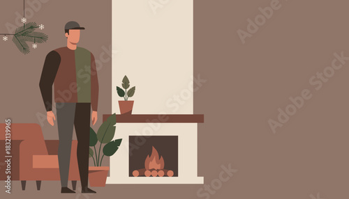 Cozy illustration of a man standing by a modern fireplace in a warm winter living room setting