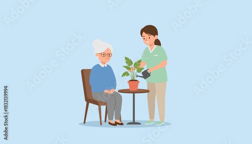 Elderly woman watches nurse water houseplant Home health assisted living and retirement care