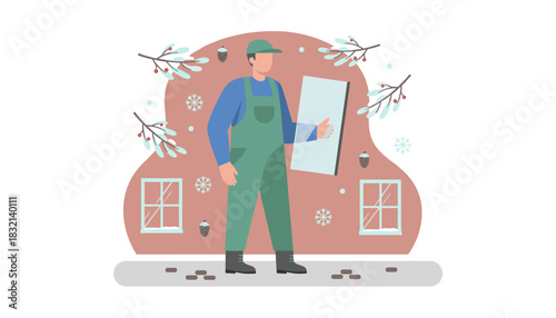 Glazier worker in overalls holding a glass pane for winter home repair or installation service