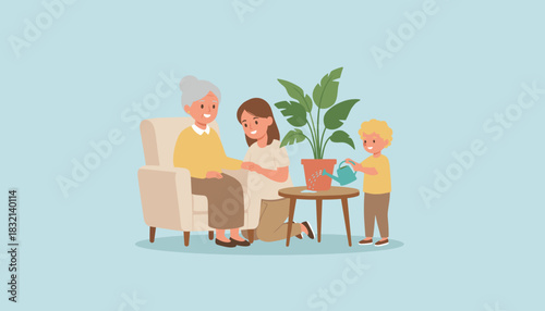 Multigenerational family care Grandma mother and child supporting each other at home