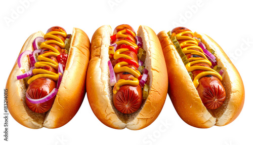 Isolated Trio of Gourmet Hot Dogs with Toppings - Close-Up American Fast Food with Mustard, Onion, and Pickles