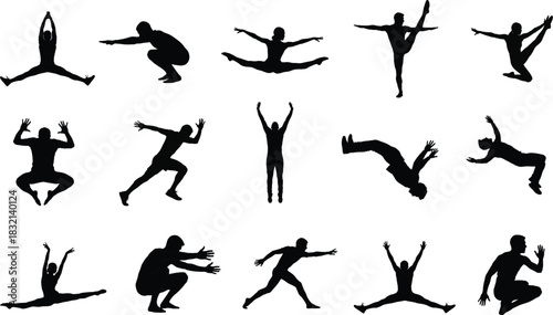 Silhouette collection of people in various dynamic poses and actions