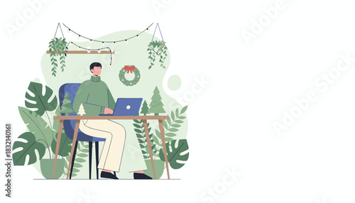 Man working remotely on a laptop in a cozy plantfilled home office decorated for Christmas