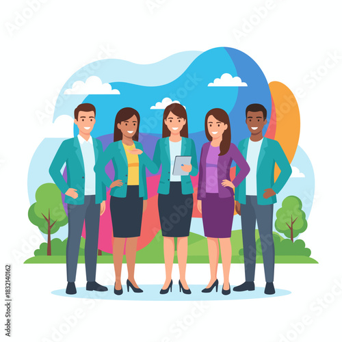 Diverse business team collaboration Smiling professionals standing together with abstract background