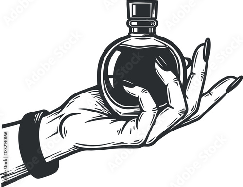 A hand holding a vintage potion bottle in black and white illustration style, suitable for fantasy-themed designs