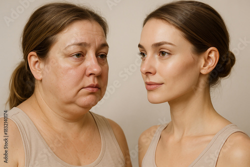 Two women facing each other, comparing facial features and skin texture in soft warm light.