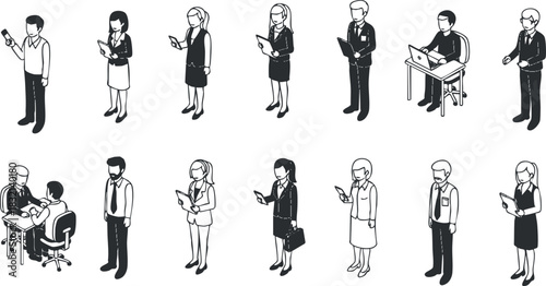 A collection of diverse business professionals interacting with technology in black and white line art vector style, suitable for corporate presentations and marketing materials