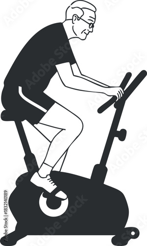 A man exercising on an elliptical machine in black and white minimalist vector style, suitable for health and fitness themes