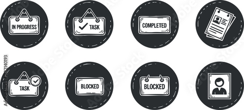 A set of task status icons featuring 'In Progress', 'Task', 'Completed', and 'Blocked' in flat black and white vector style, ideal for project management and workflow design