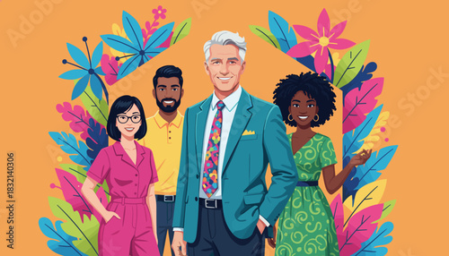 Diverse business team illustration framed by vibrant tropical flowers symbolizing growth and unity