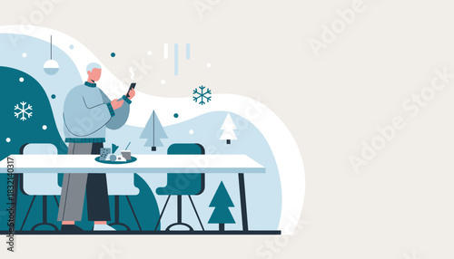 Illustration of man using smartphone with hot drink in a cozy winter setting