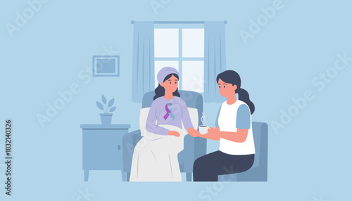 Supportive friend comforts sick woman with awareness ribbon Caregiving and health concept